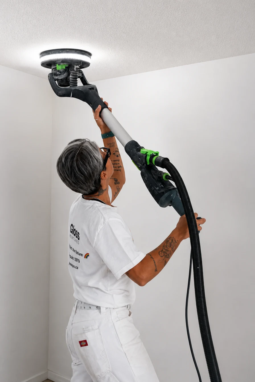 Mika using a dust-free sander to remove a popcorn ceiling